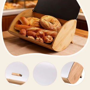 Bamboo Bread <b>Box</b> Flip Top <b>Storage</b> Container Kitchen Countertop Bread Pastry Snack Organizer <b>Beige</b> Black Solid Color - Product Image 3