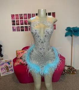 Ocstrade - Vestido de baile curto com diamantes e contas rosa brilhante, com strass e glitter, luxuoso para mulheres, vestido de aniversário de penas e diamantes, ideal para o ano 2024