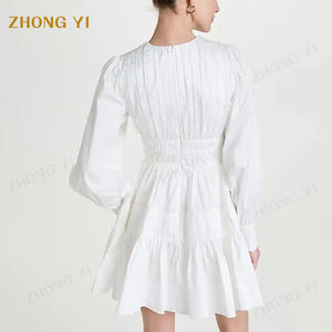 Tissu en coton personnalisé pour femmes, col en V avec poignets boutonnés, jupe en forme de ligne, mini tunique blanche froncée à manches longues, robes courtes décontractées - Product Image 3
