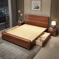 Lit double moderne de style chinois simple en noyer massif épaissi de 1,8 mètre avec coffre de rangement haut et sommier souple