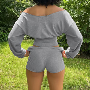 Conjunto de Shorts de Manga Larga con un Solo Hombro y Color Sólido para Mujer, Ajustado, Moldeador de Cintura, Elástico, Estilo Casual Urbano, Conjunto de Dos Piezas - Product Image 4