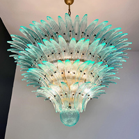 Lustre vintage en verre artistique multicouche vert sarcelle à motif feuille de palmier, style médiéval français, pour la décoration de villas, salons, salles à manger et halls d'entrée