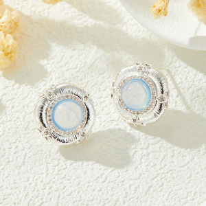 Stud Earrings Blue Stone Bezel Setting 925 Silver <b>Posts</b> Everyday Wear Geometric Design <b>Round</b> Shape - Product Image 4