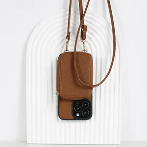 Dompet tali kulit iPhone 14 Pro, dompet kulit hitam Lanyard untuk iPhone 15 Pro Max penutup selempang mewah untuk kantung iPhone dengan tali
