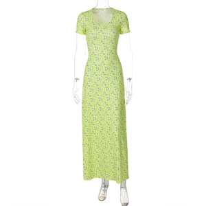 C0882 moda estiva stampa floreale O collo con cinturino posteriore abito lungo da vacanza a maniche corte - Product Image 6