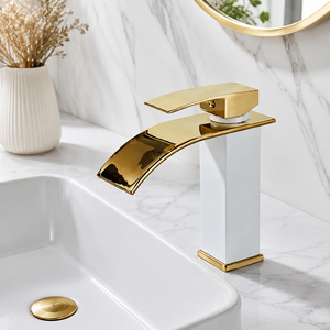 Rubinetto a cascata bianco e oro per lavabo, in acciaio inossidabile 304, con beccuccio dorato, collo alto, monocomando, per lavabo da appoggio, all'ingrosso - Product Image 5
