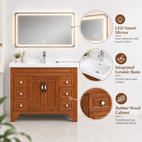 Ensemble de meuble-lavabo de salle de bain moderne autoportant en bois de chêne avec armoire miroir intégrée et vasque en céramique en chêne rouge