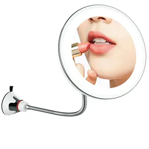 360 Derajat Putar Portable Cordless Gooseneck Fleksibel LED Menyala 10X Make Up Pembesar Cermin dengan Power Locking Suction Cup