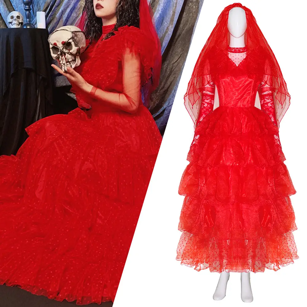 Nuevo diseño mujer rojo gótico boda película disfraz boda encaje gótico Halloween Cosplay vestido rojo velo novia disfraz