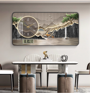 見事な露出デザインのアナログデジタル複合壁掛け時計、リビングルーム用の金色の風景要素を備えた針表示 - Product Image 4