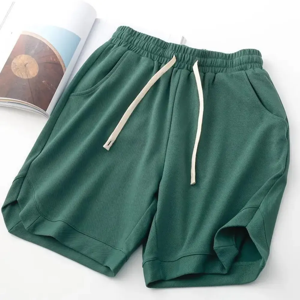2024 New 260g Twill Cotton Men's Solid Drawstring Sweatpants Retro Casual Loose Sports Trousers Pockets Mid Five-Minute Shorts