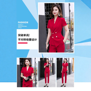 Red Women's Suit <b>Set</b> Short Sleeve <b>Blazer</b> Pants Solid Color Anti-Wrinkle Professional Attire Summer Casual Wear - Product Image 1