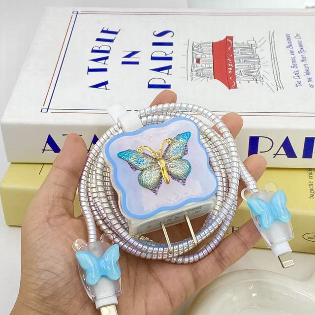 New Luxury Shining 3D butterfly Flower Protector Cover for iPhone 18W 20W Fast Charge Wire Cable Saver Phone Protector