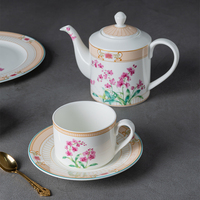 Set Cangkir dan Piring Bone China Mewah dengan Pola Bunga, Set Kopi Teh untuk Hotel, Teh Sore, Grosir Pabrik OEM ODM