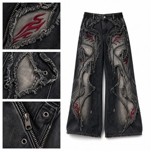 Jean large noir à appliques superposées, avec empiècements et fermetures éclair, broderie tribale rouge, style streetwear, vente en gros, personnalisable OEM ODM - Product Image 3