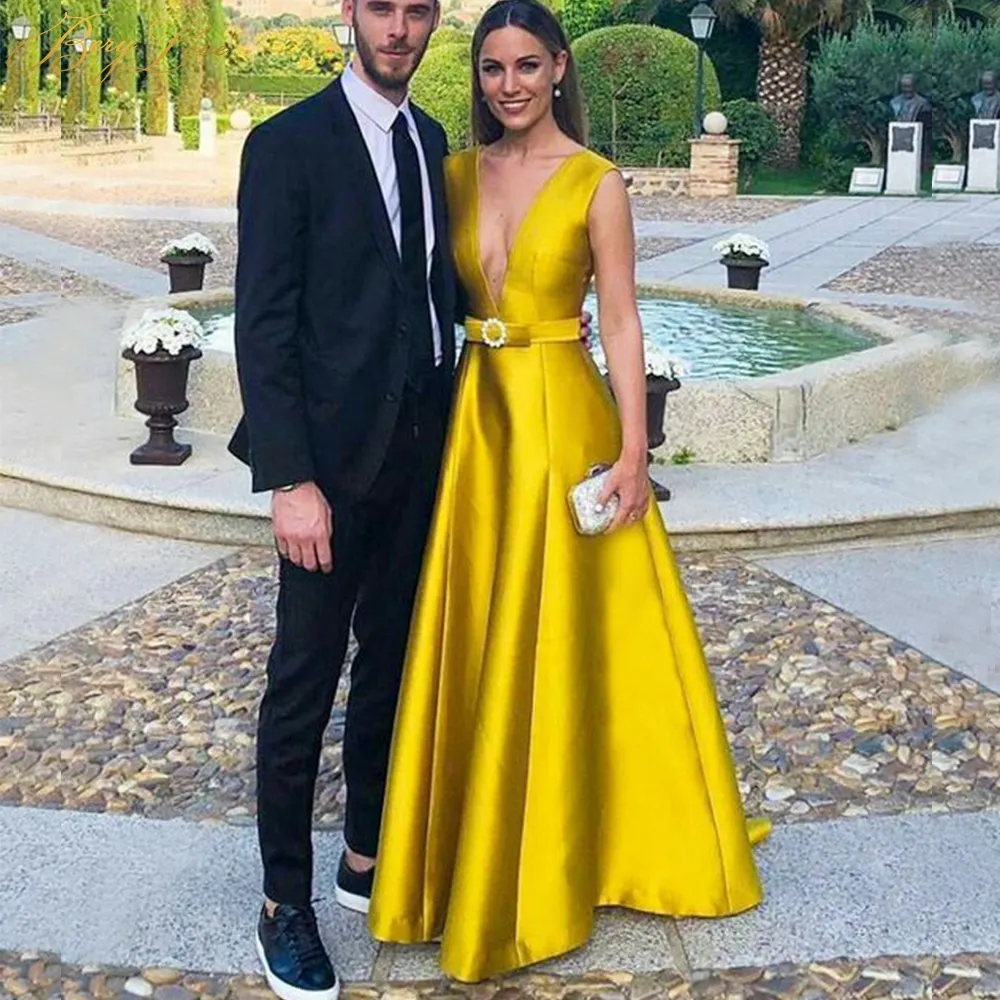 Wholesale Satin Evening Gown Long Bow Belt Formal Prom Gown Sexy Elegant Vestido Longo 2022 Yellow Gold Mdbay Evening Dresses