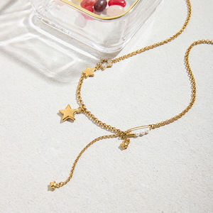 Collar de acero inoxidable con placa de oro de 18 quilates JD, collar romántico con colgante de estrella hueca de perla acrílica con diamantes de imitación - Product Image 4