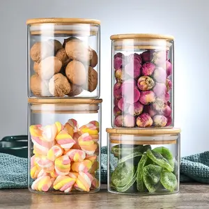 Bamboo And Wood Lid Round Sealed Jar Kitchen Clear Glass Storage Jar Bamboo Lid Storage Glass Food Jars Wooden Cover