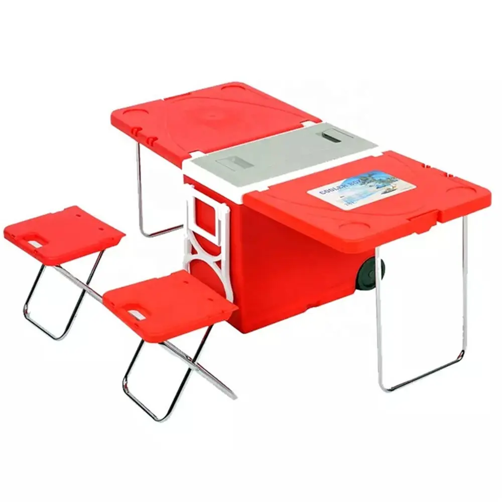 2023 Outdoor Multifunctionele Plastic Tafel Koelbox 28l Ijskast Auto Koeler Met Wielen Stoelen Trolley Kar Voor Picknick