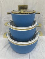 Juego de 3 Recipientes Térmicos para Alimentos con Acabado Mate Premium, 1.8L, 3.5L y 6L, con Tapa Transparente y Borde Dorado, para Servir Comida Caliente o Fría en Eventos