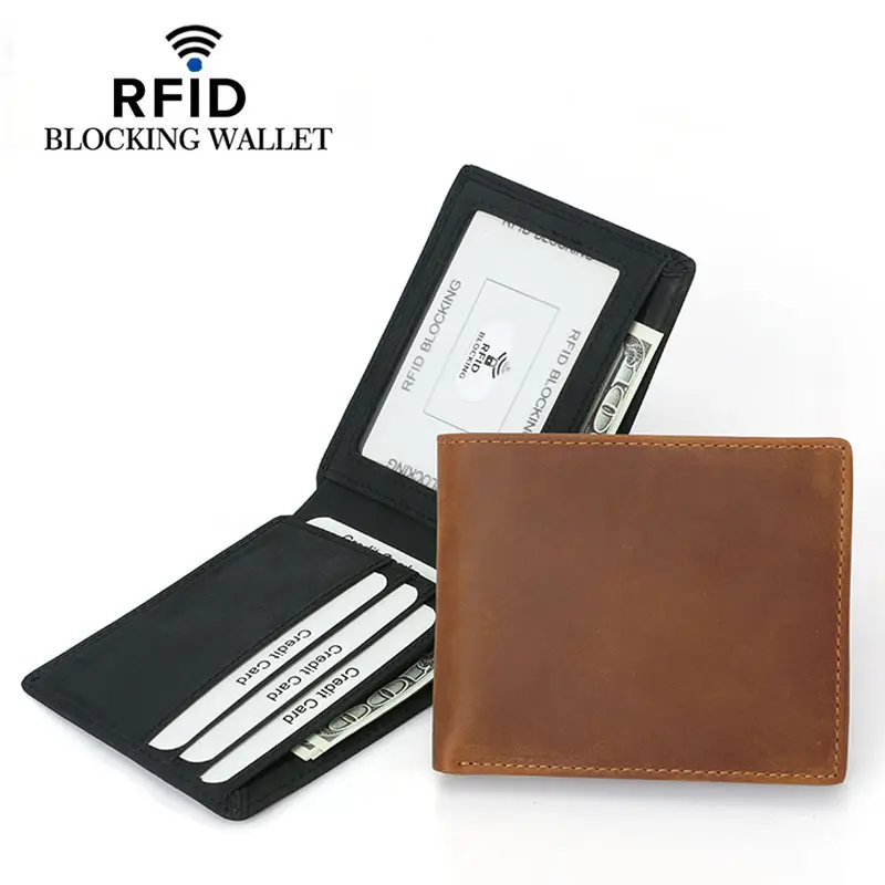 도매 RFID 첫 번째 레이어 미친 말 가죽 정품 남성 지갑 Bifold 유럽과 미국의 빈티지 머니 클립