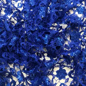 ผ้าปักเลื่อมสีฟ้าสำหรับงานปาร์ตี้ผ้าปักเลื่อมเคมีผ้าโพลีเอสเตอร์100% แบบละลายน้ำได้