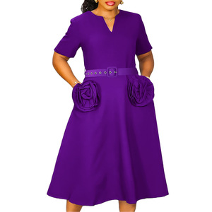 เดรสทรงเอที่สง่างามสำหรับฤดูร้อนใหม่ไซส์ใหญ่สไตล์ยุโรปพร้อมคอวีและแขนสั้นแบบหวานเข็มขัดแบบรัดเอว - Product Image 5