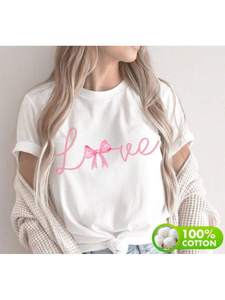 T-shirt da donna carina per San Valentino con stampa Love, girocollo, manica corta, 100% cotone jersey, vestibilità regolare, primavera estate - Product Image 3