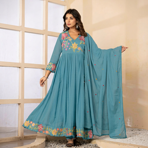 Premium Mul Cotton Angrakha Suit Set for <b>Women</b> Sky Blue Floral Embroidered Anarkali <b>Kurta</b> with Dupatta Ethnic Wear - Product Image 1