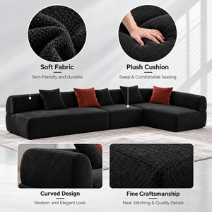 VB Modern Black L Shaped Sectional <b>Sofa</b> Solid <b>Wood</b> <b>Frame</b> High Density Foam Upholstered Fabric Couch <b>for</b> Luxury Living Room - Product Image 4