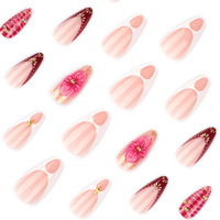 24 Pcs French Tips Press on Nails Almond Nails Press on dengan Desain Bunga Cantik Glossy Brown Glue on Nails Kuku Palsu