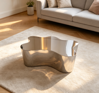 Table basse moderne de luxe léger et minimaliste avec plateau irrégulier en acier inoxydable argenté durable, table combinée pour chambre à coucher