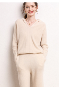 <span class=keywords><strong>Ensemble</strong></span> sweat à capuche et pantalon en cachemire et laine mérinos de luxe, couleur marron, pour <span class=keywords><strong>femme</strong></span>, fabriqué en usine OEM, faible MOQ, haute qualité, style automne - Product Image 3