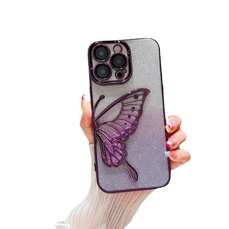 Laser Colorful Advanced Gradient Pink 3D Flowing Sand Butterfly Phone Glitter Case for iphone13 14 15 Pro Max Cell phone case