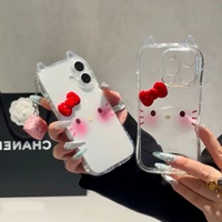 Coque de téléphone 3D motif chat de dessin animé avec nœud pour iPhone 16 Pro, coque antichoc à découpes précises compatible avec iPhone 15/14/13/12