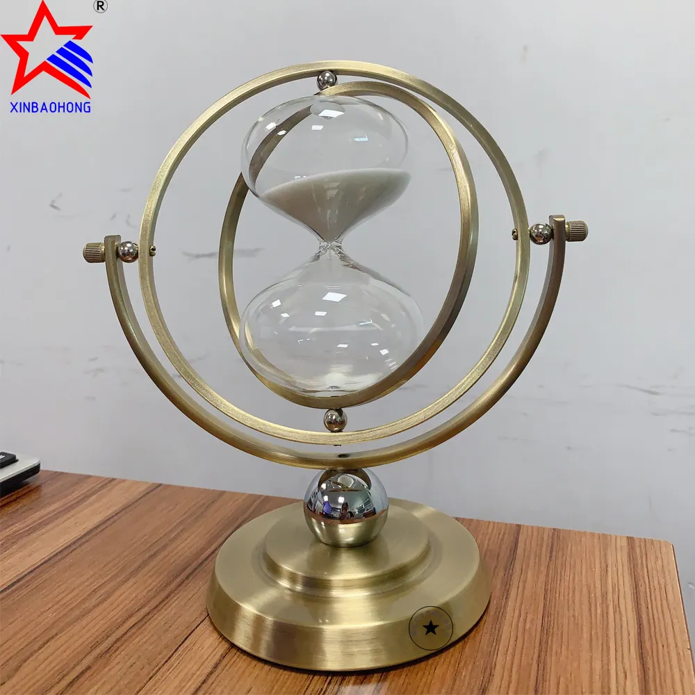 Stock Factory Globe Metal Hourglass Gifts 15 Min Rotating Brass Frame Sand Timer Office Desktop Decorations