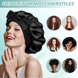 Bonnet en satin, bonnet en soie pour dormir, bonnet ajustable pour femmes aux cheveux bouclés avec bande à nouer - Product Image 4