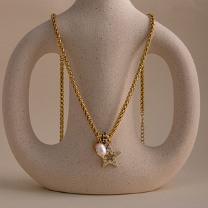 Collier en chaîne dorée avec pendentif étoile, cœur rose, perle et zircon pour femme, à porter au quotidien - Product Image 4