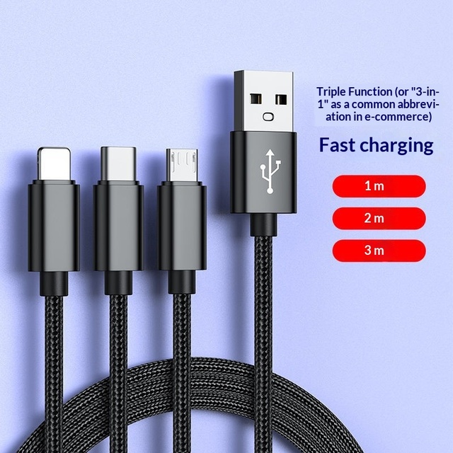 Extra Long 3 in 1 Fast Charging Cable Universal Charger Cord with Braided Jacket and Weaving Material for USB 3.0 Data Sync