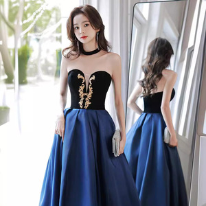 Evening Gown For Women Blue Empire Waist Sweetheart Neckline Contrast Color Long Dress Formal Party Wear - Product Image 4