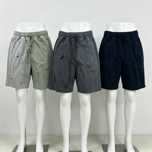 Custom Men's Custom Embroidery Cotton Shorts Solid Color Distressed Washed Casual Breathable Ripped Design - Product Image 4