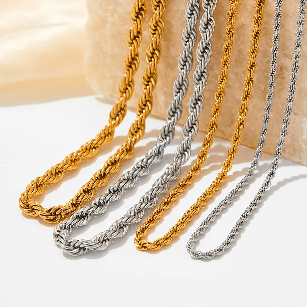 In Stock Hip Hop Men Women 316l Stainless Steel Twisted Rope Chain Necklace Gold Plated Rope Chain