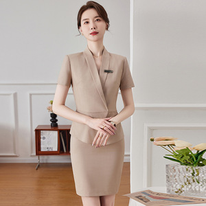 Women's Beige Short Sleeve Blazer Skirt Set Elegant Summer Suit Anti-Wrinkle Worsted Fabric - Product Image 1
