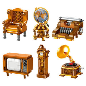 Ensemble de 6 blocs de construction rétro : machine à écrire, canapé, téléviseur, globe terrestre, horloge de grand-père, gramophone – DIY, motricité fine, décoration intérieure, cadeau STEM pour enfants - Product Image 1