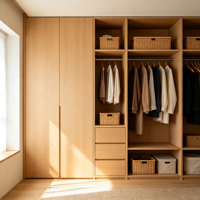 Armoire moderne en bois sur mesure, dressing sur mesure avec tiroirs ouverts et zone de suspension pour chambre et salle à manger