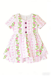 Vestido Transpirable de Manga Corta hasta la Rodilla con Estampado de Flores y Lazos a Cuadros Rosa de Verano para Niña, Modelo GSD3581, Venta al por Mayor - Product Image 2