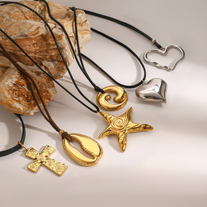 Yueli Stainless Steel Starfish Pendant Necklace Black <b>Rope</b> <b>Chain</b> Geometric Design Fashion Jewelry - Product Image 2