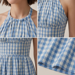 Robe midi dos nu à carreaux bleus et blancs pour femme, style licou, avec nœud papillon, coupe trapèze, idéale pour les vacances d'été, vente en gros - Product Image 3