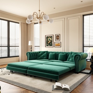 Canapé-lit Chesterfield 3 places 89 pouces vert 3-en-1 en velours capitonné avec ottoman amovible - Product Image 1