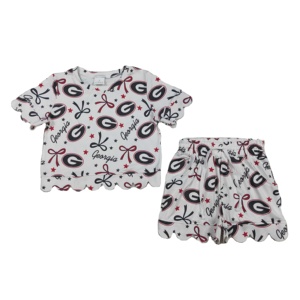 Conjunto de Camiseta y Pantalones Cortos para Niñas, Estilo Casual de Verano, 95% Algodón, 5% Elastano, Diseño con Borde Festoneado, Marca RTS Boutique, Equipo de Fútbol Universitario - Product Image 1